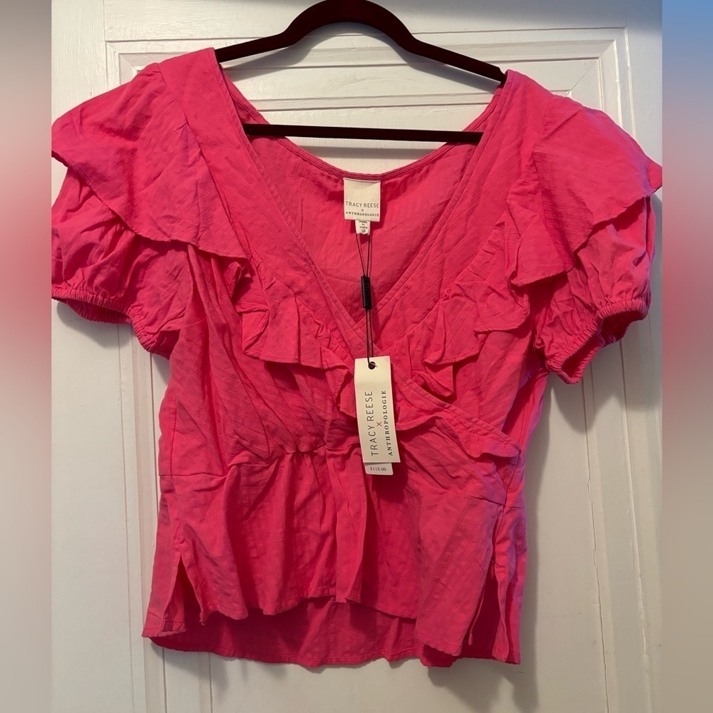 NWT 16 Tracy Reese Anthropologie pink surplice puff-sleeve ruffle Effortless - Picture 4 of 8